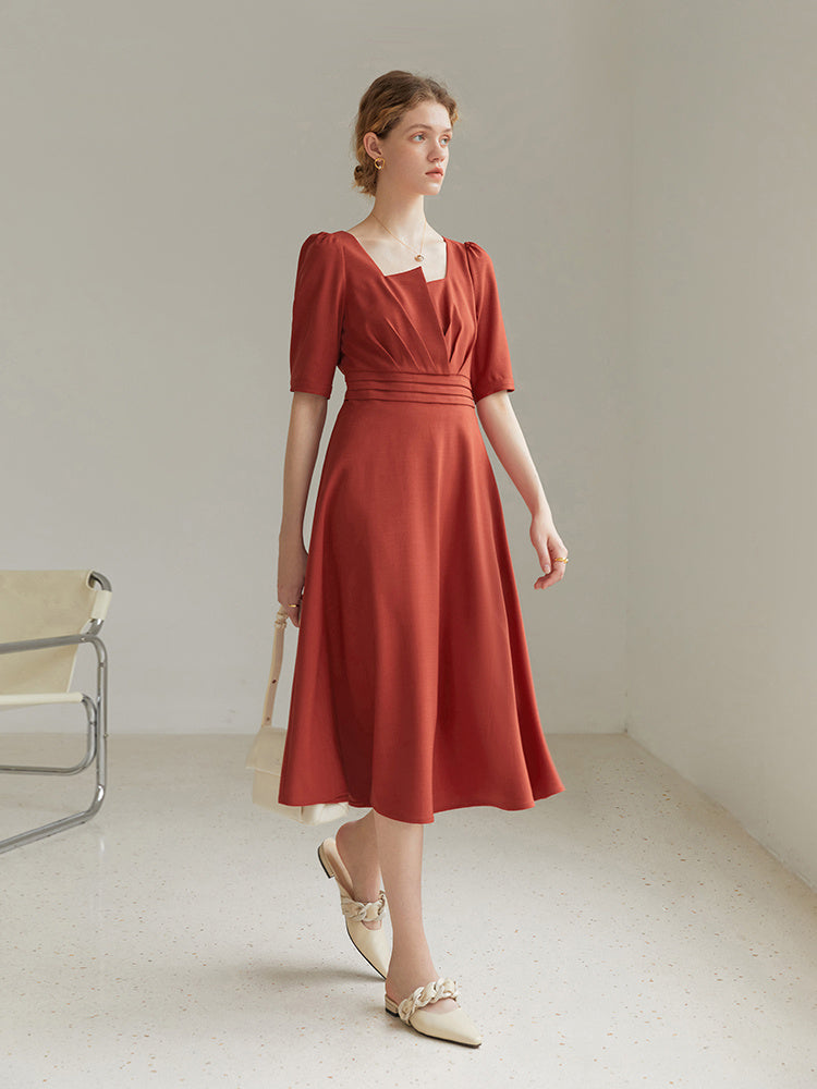 Women's Summer Temperament Pure Color Puff Sleeve Dress - Lotus Lane