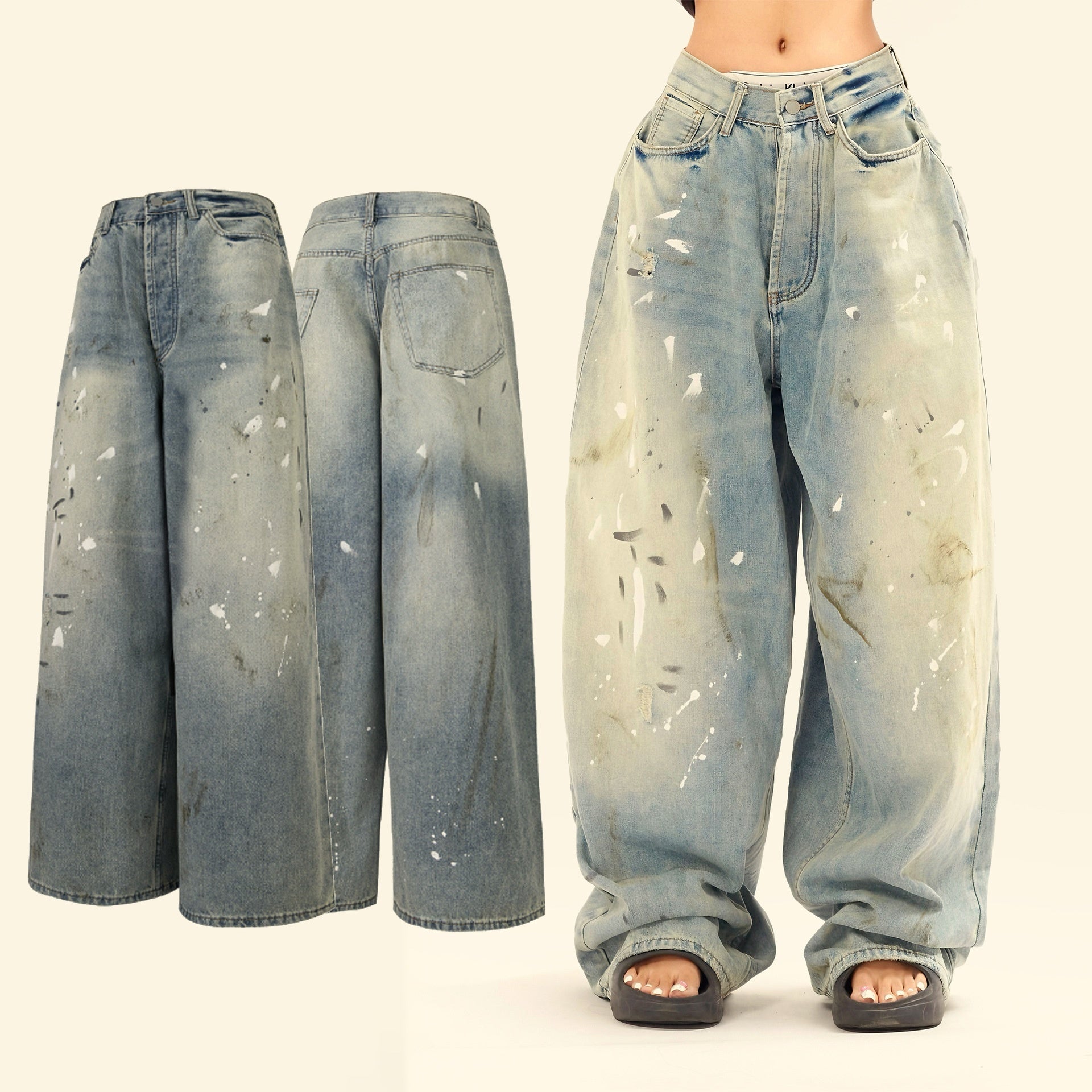 Washed Distressed Casual Loose Wide-leg Jeans Splash-ink Design Slimming Unisex Style Mop Pants Men And Women - Lotus Lane