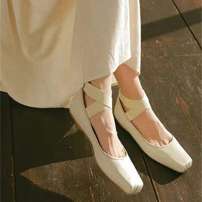 Women's Ballet Comfort Strap Leather Low Heel Pumps - Lotus Lane