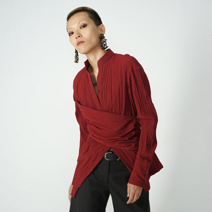 Women's Wrinkled Irregular Waist V-neck Long-sleeved Shirt - Lotus Lane