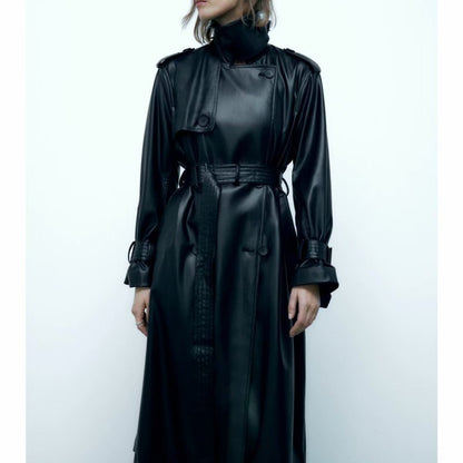 Black Long With Belt Fashionable All-match Leather Wind Coat Coat