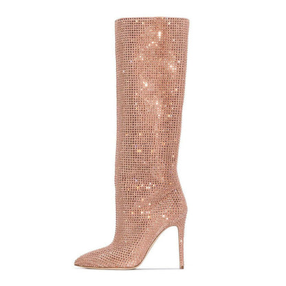 Pointed Toe Cashmere Solid Color Women's Rhinestone Stiletto High Heel Knee Boots - Lotus Lane