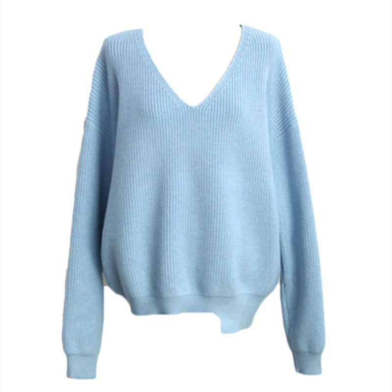 Women's Korean-style V-neck Loose And Lazy Style Simple And Irregular Sweater - Lotus Lane