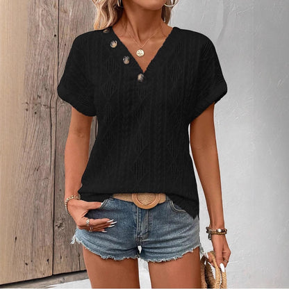 Spring And Summer Fashion V-neck Buttons Jacquard Top - Lotus Lane