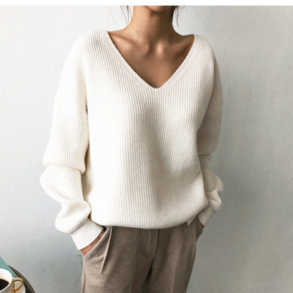 Women's Korean-style V-neck Loose And Lazy Style Simple And Irregular Sweater - Lotus Lane