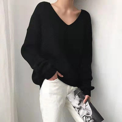 Women's Korean-style V-neck Loose And Lazy Style Simple And Irregular Sweater - Lotus Lane