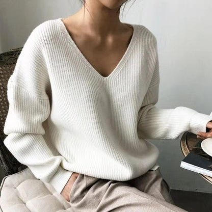 Women's Korean-style V-neck Loose And Lazy Style Simple And Irregular Sweater - Lotus Lane