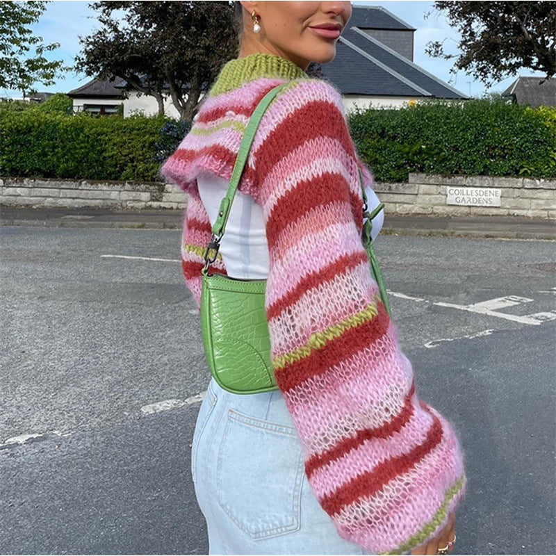 Autumn And Winter Colorful Striped Top Temperament Long Sleeve Knitted - Lotus Lane