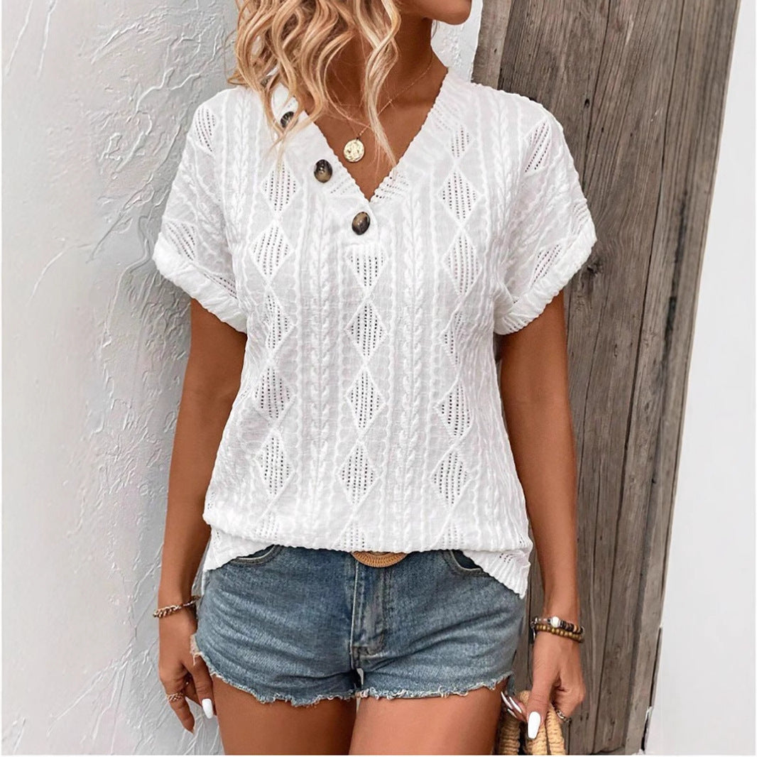 Spring And Summer Fashion V-neck Buttons Jacquard Top - Lotus Lane