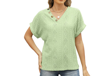 Spring And Summer Fashion V-neck Buttons Jacquard Top - Lotus Lane