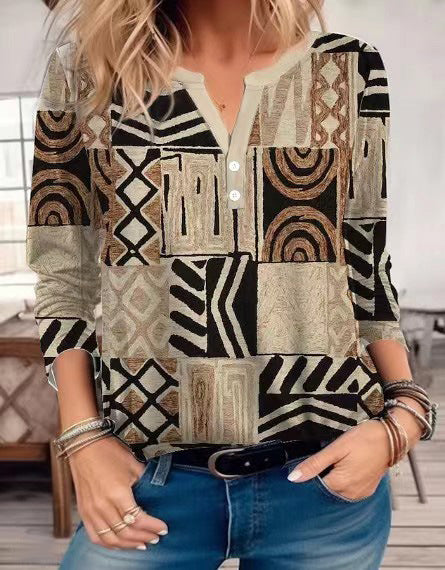 Women's V-neck Shirt Geometric Pattern Casual Long Sleeve Shirt - Lotus Lane