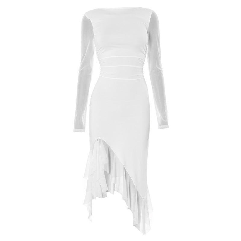 Round Neck Mesh Stitching Long Sleeve Split Ruffled Dress - Lotus Lane