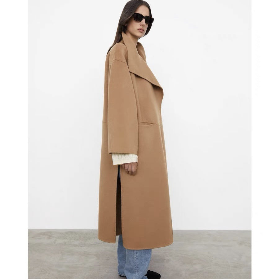 Lapel Coat Same Style Minimalist Double-sided Wool Cashmere Side Split Long Coat For Women - Lotus Lane