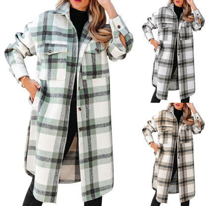 Women's Plaid Button Flannel Long Coat - Lotus Lane