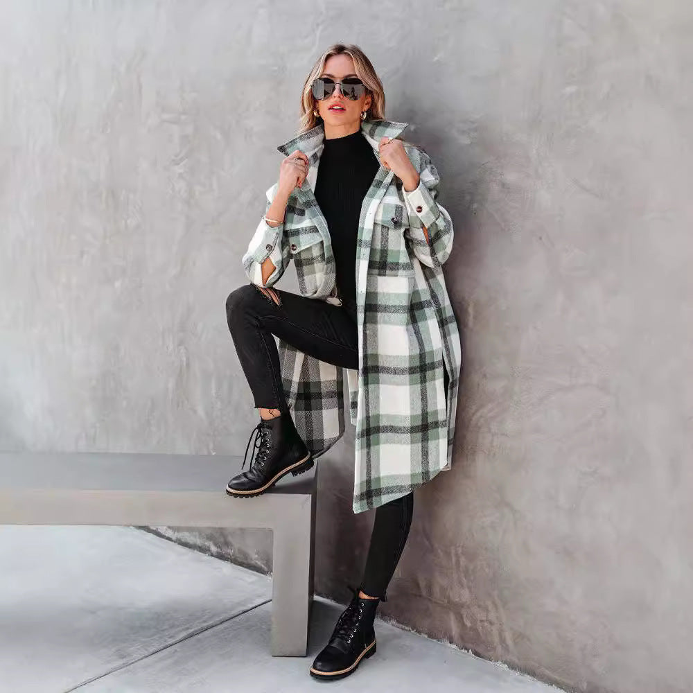 Women's Plaid Button Flannel Long Coat - Lotus Lane