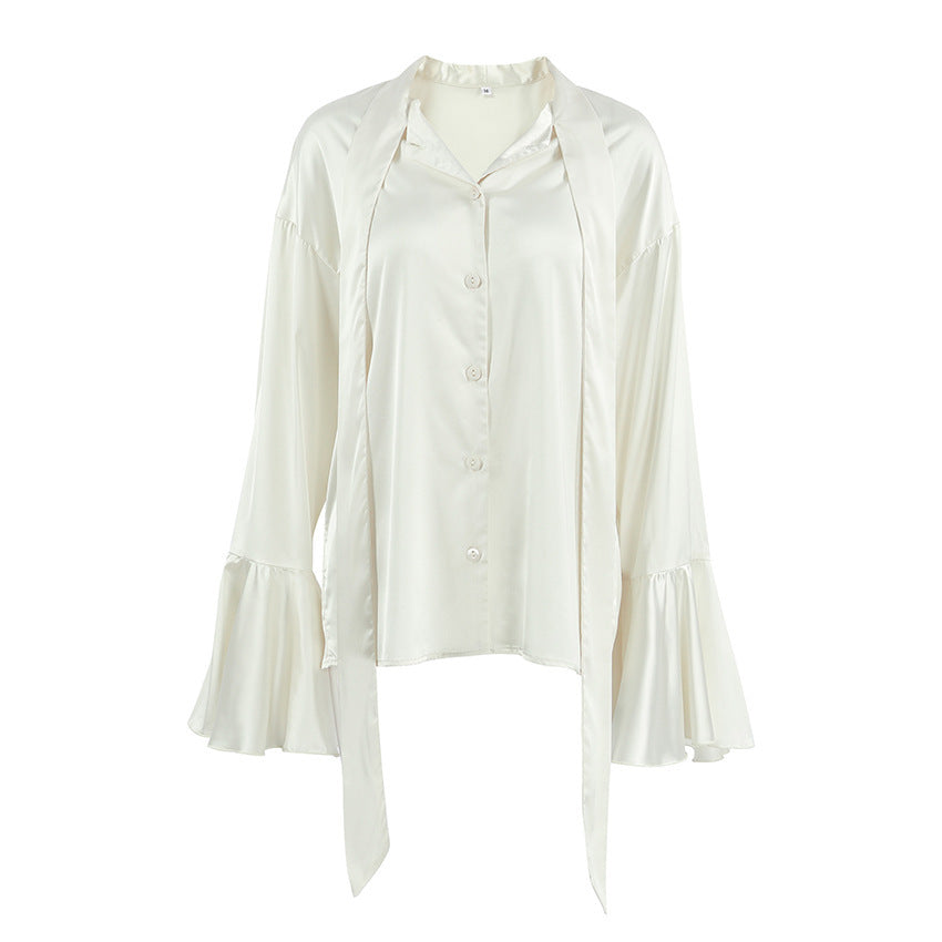 Satin Tie-neck Bell Sleeve Ruffled Tied Shirt - Lotus Lane