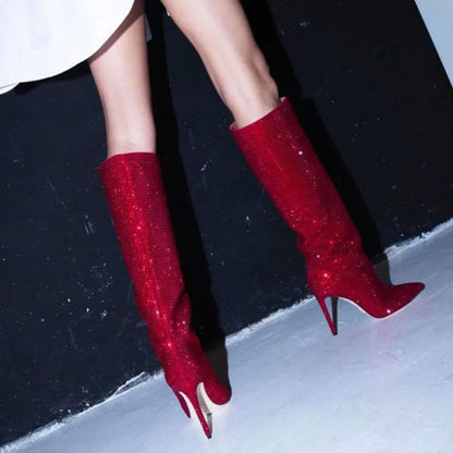 Pointed Toe Cashmere Solid Color Women's Rhinestone Stiletto High Heel Knee Boots - Lotus Lane