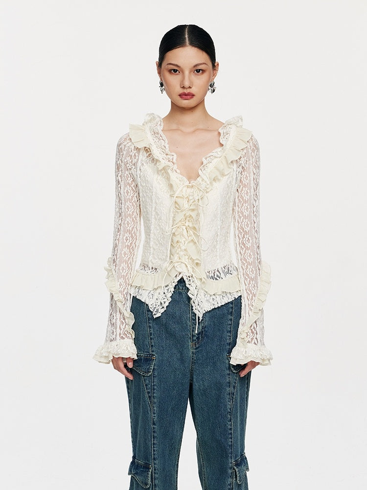 Lace Tie With Fungus Edge Long Sleeved Pullover - Lotus Lane