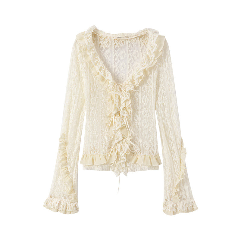 Lace Tie With Fungus Edge Long Sleeved Pullover - Lotus Lane