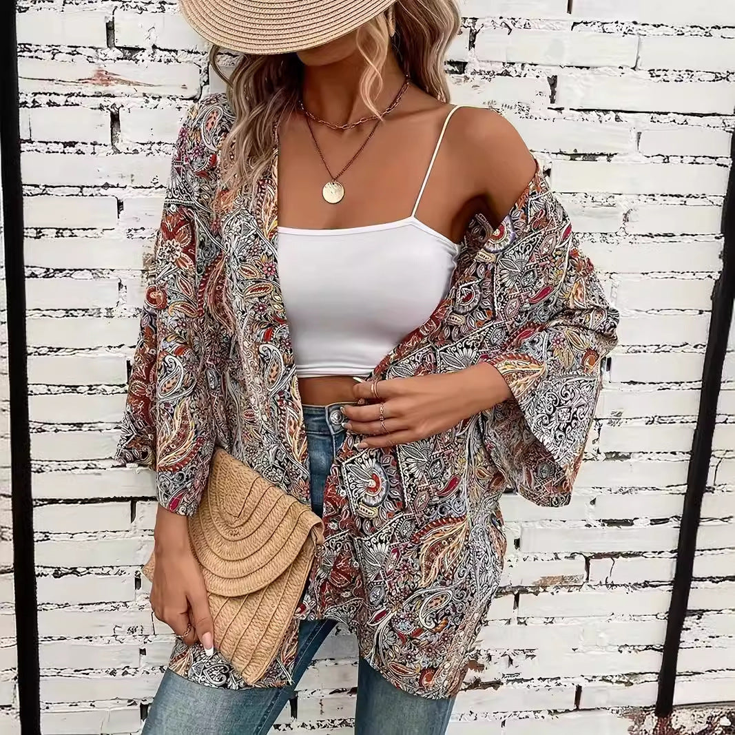 Ethnic Print Round Neck Shirt Bohemian Holiday Long Sleeve Shirt - Lotus Lane