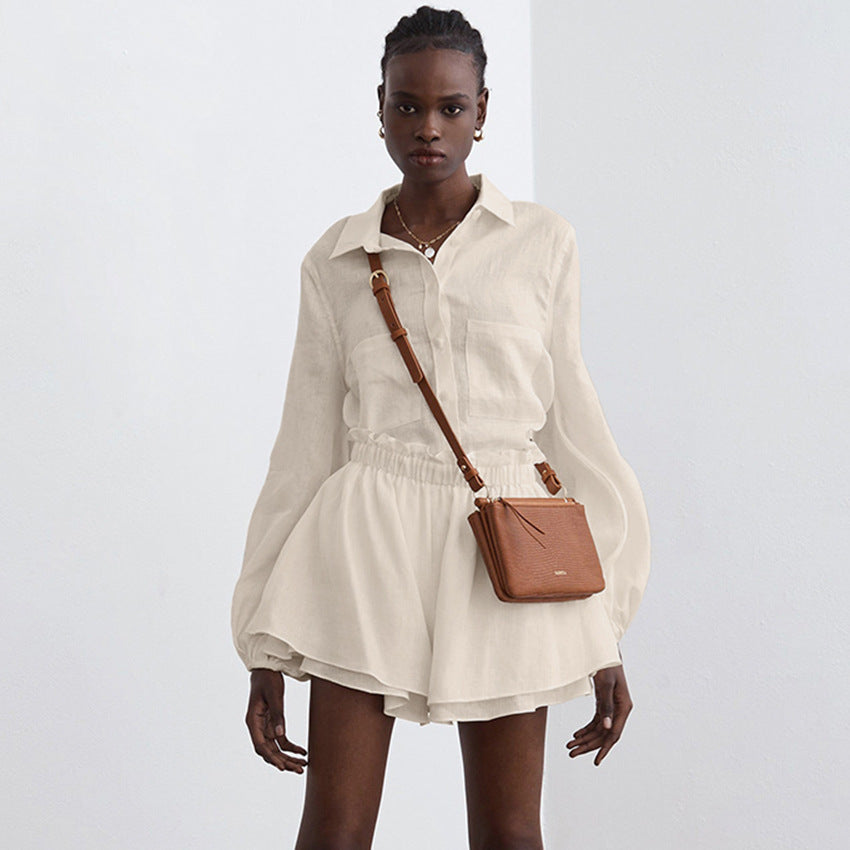 Cotton And Linen Long Sleeved Shorts Two-piece Shirt - Lotus Lane