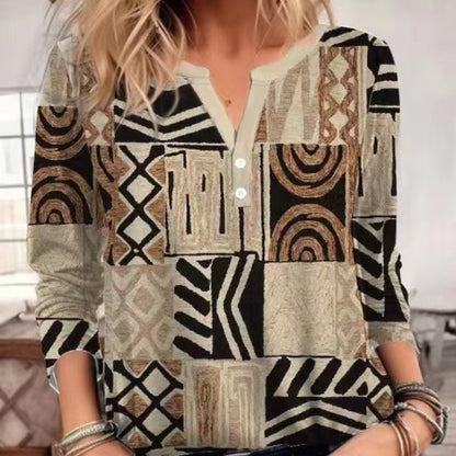 Women's V-neck Shirt Geometric Pattern Casual Long Sleeve Shirt - Lotus Lane