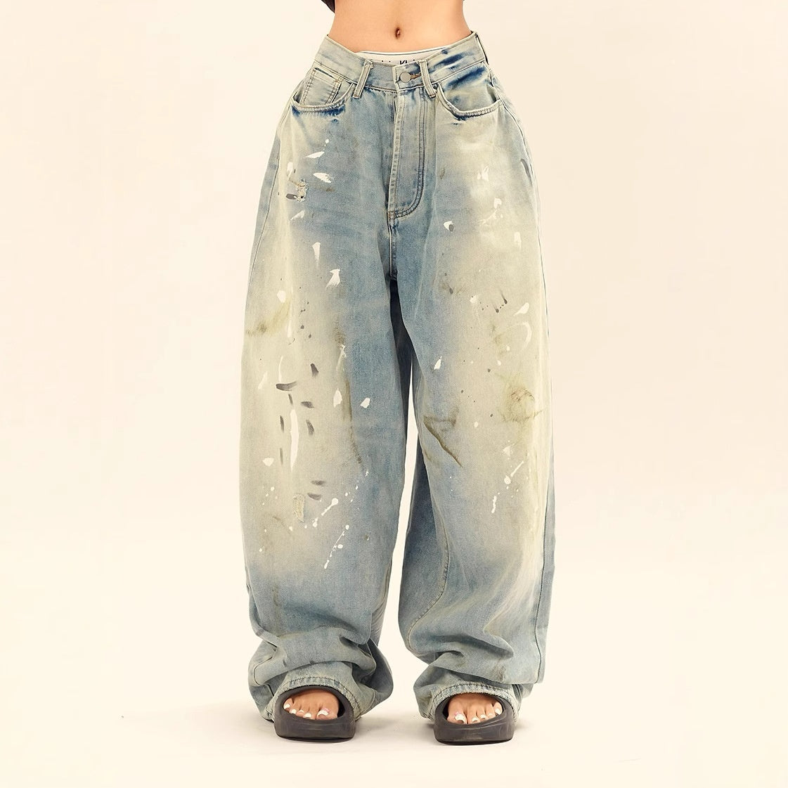 Washed Distressed Casual Loose Wide-leg Jeans Splash-ink Design Slimming Unisex Style Mop Pants Men And Women - Lotus Lane