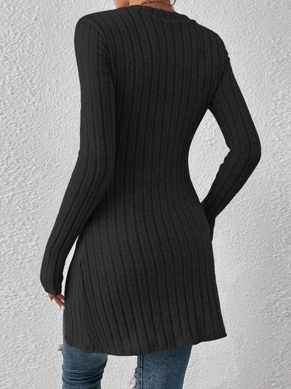 Button Split Long Sleeve Sweater Square Collar Dress - Lotus Lane