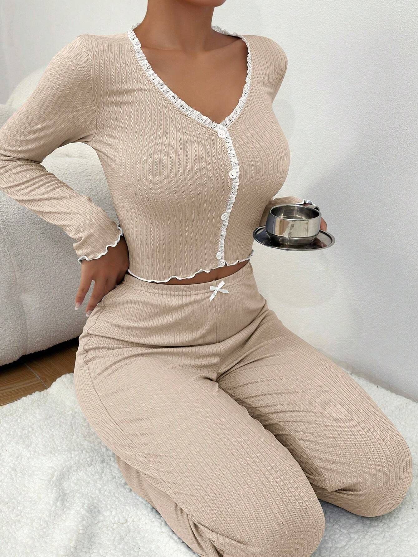 Long-Sleeved Lace Pajama Set – Slim Fit Homewear - Lotus Lane