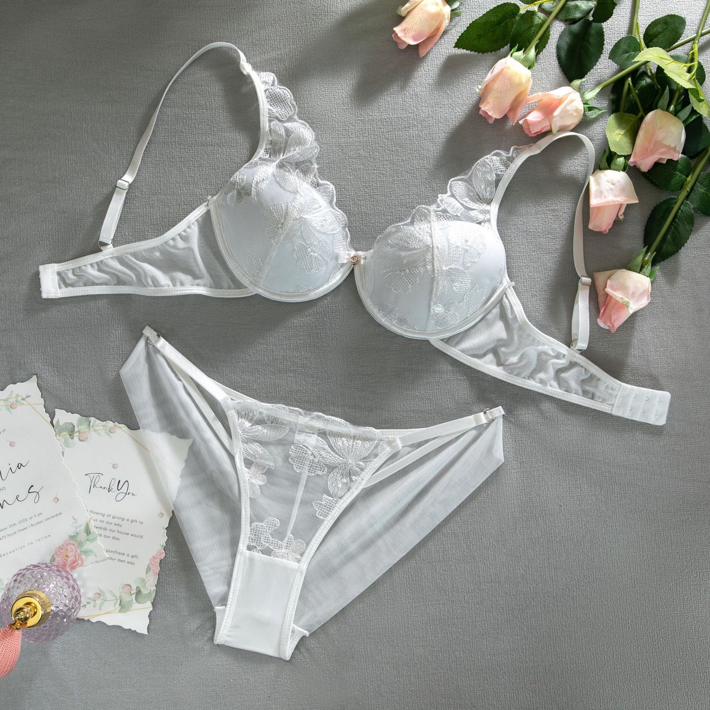 Hollow Out Embroidery With Bra Pad Underwear Set For Women - Lotus Lane