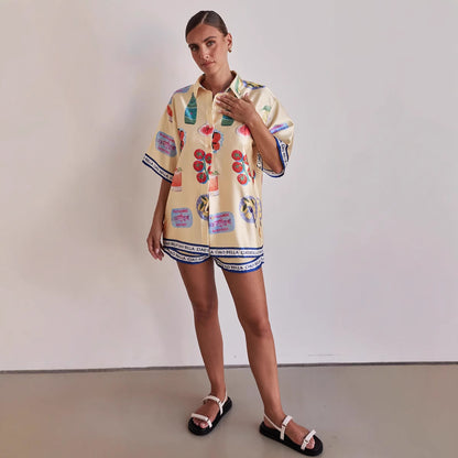 Casual Homewear Cartoon Lapel Cardigan Short Sleeve Shorts Suit - Lotus Lane