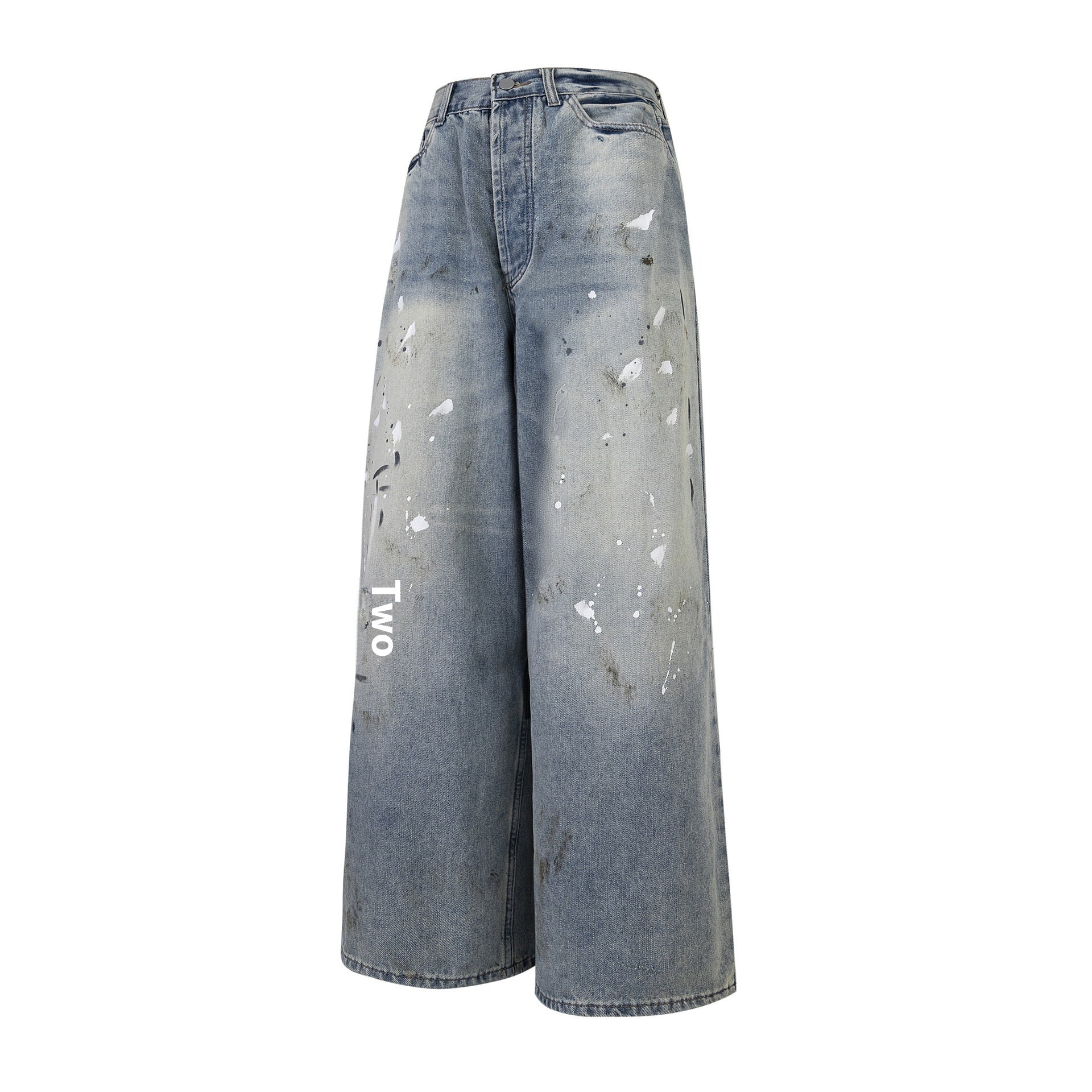 Washed Distressed Casual Loose Wide-leg Jeans Splash-ink Design Slimming Unisex Style Mop Pants Men And Women - Lotus Lane