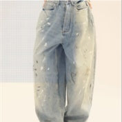 Washed Distressed Casual Loose Wide-leg Jeans Splash-ink Design Slimming Unisex Style Mop Pants Men And Women - Lotus Lane