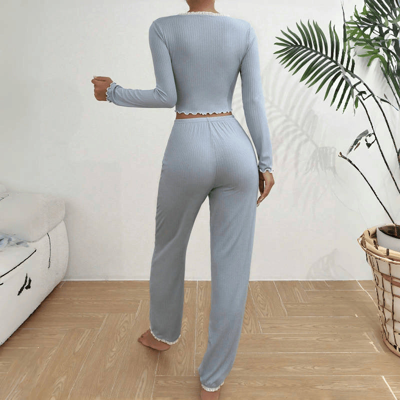 Long-Sleeved Lace Pajama Set – Slim Fit Homewear - Lotus Lane