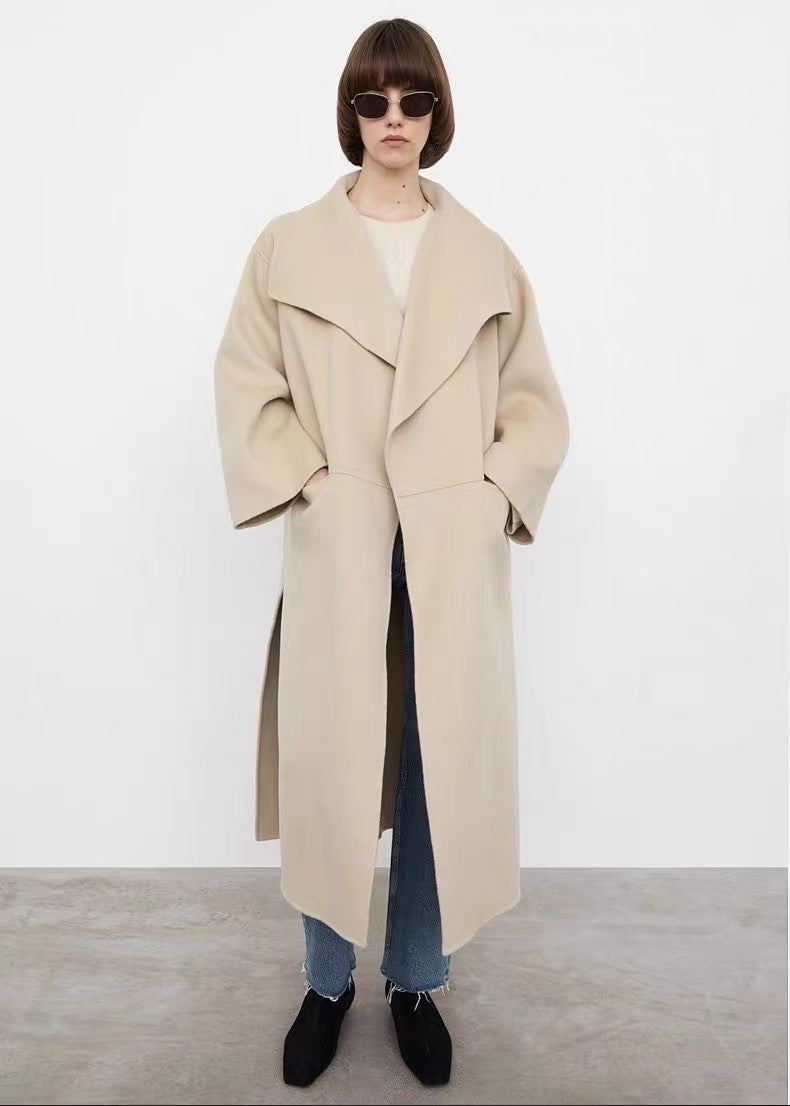 Lapel Coat Same Style Minimalist Double-sided Wool Cashmere Side Split Long Coat For Women - Lotus Lane