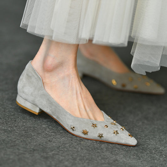 Frosted Low-cut Pointed-toe Shoes All-match Flat Low Heel Slip-on Pumps