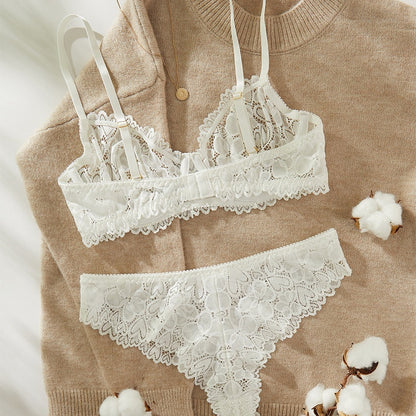 Lace Deep V Bra Poly White Heart Super Thin Suit - Lotus Lane