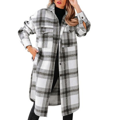 Women's Plaid Button Flannel Long Coat - Lotus Lane