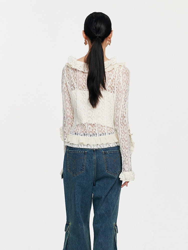 Lace Tie With Fungus Edge Long Sleeved Pullover - Lotus Lane