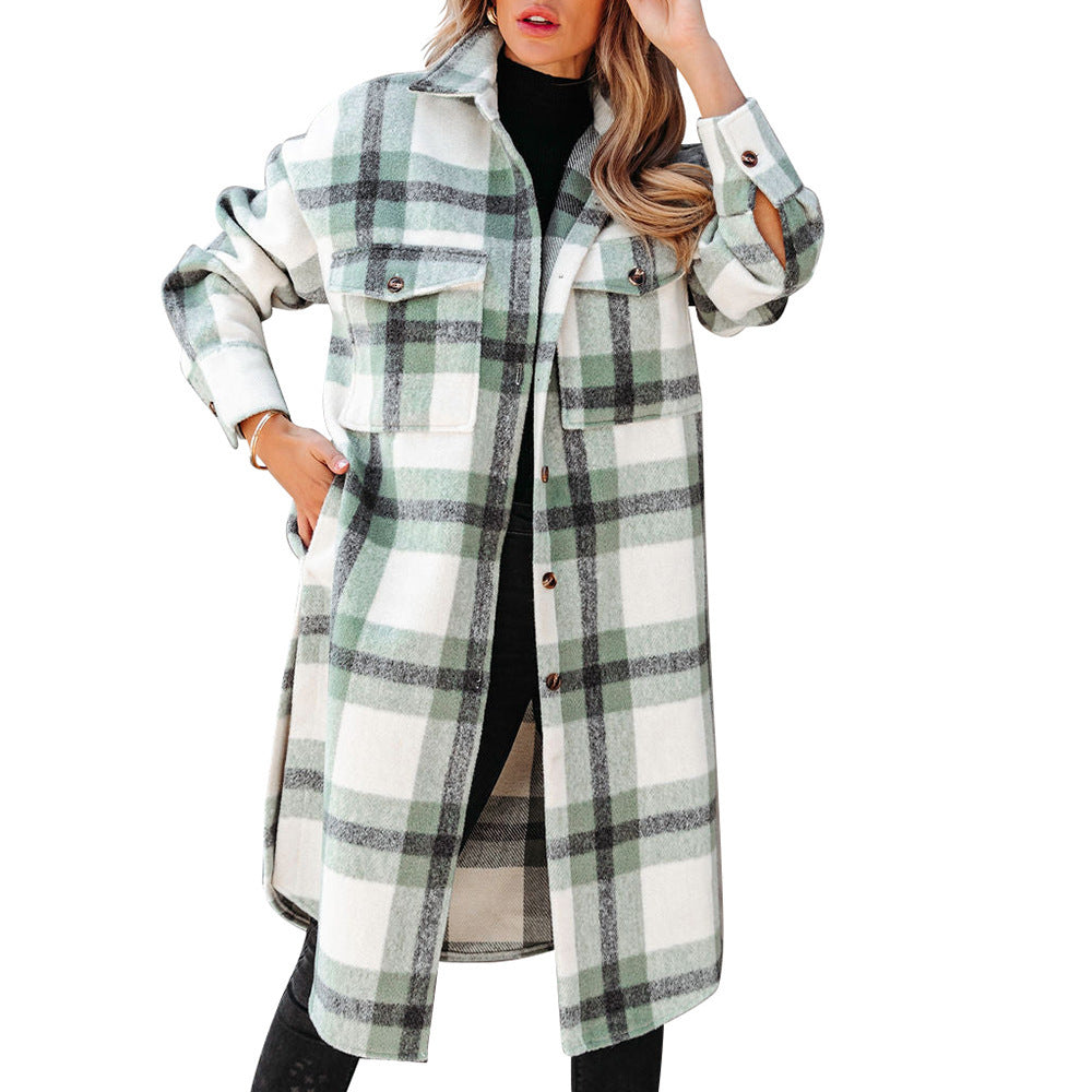 Women's Plaid Button Flannel Long Coat - Lotus Lane